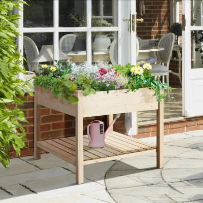 Outsunny 36" Raised Garden Bed with Storage Shelf, 2-Tier Wood Planter