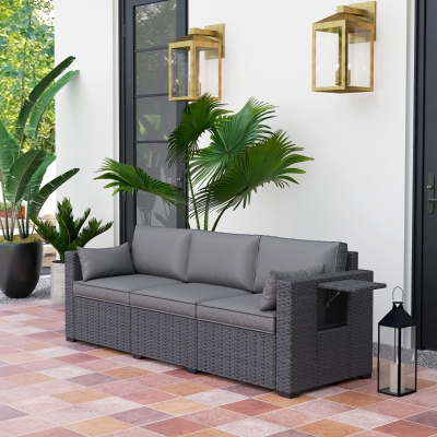 Outsunny 3 Seater Wicker Patio Sofa with Side Trays, Outdoor Couch with 6" Thick Back Cushions, Deep Seating, Grey