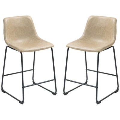 HOMCOM Counter Height Bar Stools Set of 2, Vintage PU Leather Bar Chairs, Kitchen Stool with Footrest, Beige