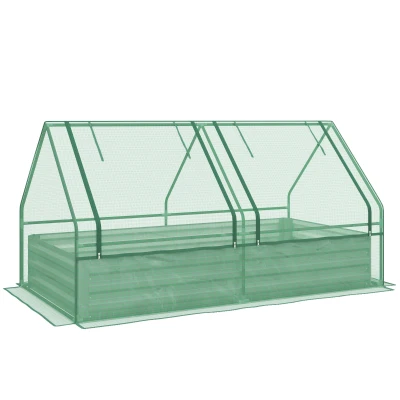 Outsunny 6' x 3' Metal Planter Box with Cover, Raised Garden Bed with Mini Greenhouse for Herbs, Vegetables, Green and Silver