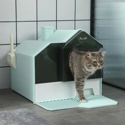 PawHut Hooded Cat Litter Box w/ Mat, Light Blue