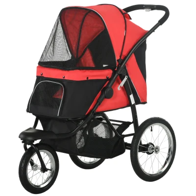 PawHut 3 Big Wheels Pet Stroller for Small, Medium Dogs, Cat Stroller Travel Folding Carrier with Adjustable Canopy, Red