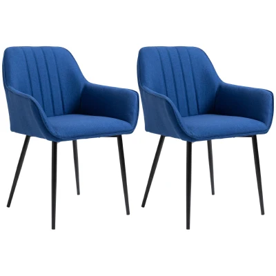 HOMCOM Dining Chairs Set of 2, Upholstered Linen Fabric Accent Chairs with Metal Legs, Dark Blue