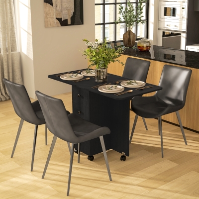 HOMCOM Drop Leaf Dining Table, Mobile Folding Table on Wheels with Drawers and Cabinet for Dining Room, Kitchen, Black