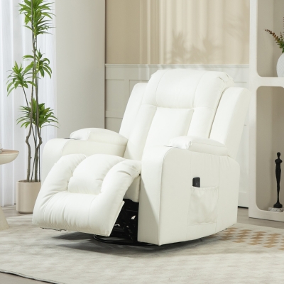 HOMCOM Swivel Massage Recliner Sofa, Overstuffed Manual Reclining Sofa, PU Leather Rocking Chair with Side Pockets, Cup Holders, for Living Room, Nursery, Cream White
