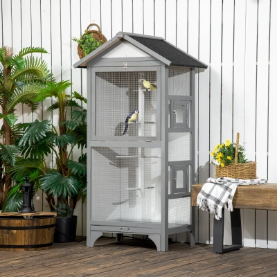 PawHut 60" Wooden Outdoor Bird Cage, Light Gray