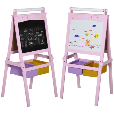 Qaba 3 In 1 Kids Wooden Art Easel with Paper Roll Double-Sided Chalkboard & Whiteboard with Storage Baskets Gift for Toddler Girl Age 3 Years+ Pink