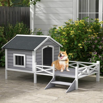 PawHut Dog House with Porch, Small/Medium, Gray