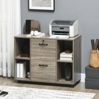 Vinsetto Lateral Filing Cabinet with Wheels and Lockable Drawer, File Cabinet, Mobile Printer Stand with Open Shelves for Letter and A4 Size Documents for Home Office, Grey