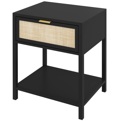 HOMCOM Boho Nightstand, Bedside Table with Rattan Drawer and Open Shelf, Side End Table for Bedroom, Living Room, Black