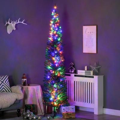 HOMCOM 7.5' Artificial Pencil Christmas Trees Holiday Decoration with Colourful LED Lights, Steel Base, Skinny Shape