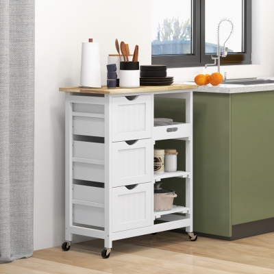 HOMCOM Kitchen Cart on Wheels, Rolling Kitchen Island Cart with Wood Top, 3 Drawers and Shelves for Home Dining Area