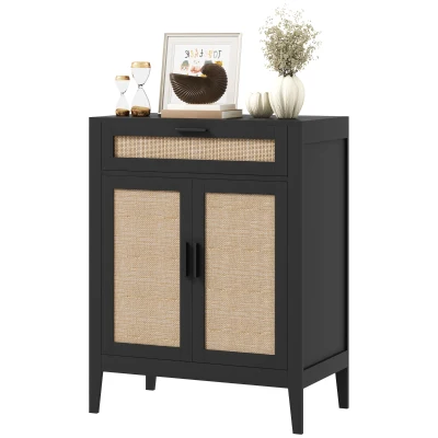 HOMCOM Kitchen Sideboard, Boho Storage Cabinet with 2 Rattan Decorated Doors and Drawer for Dining Room, Black