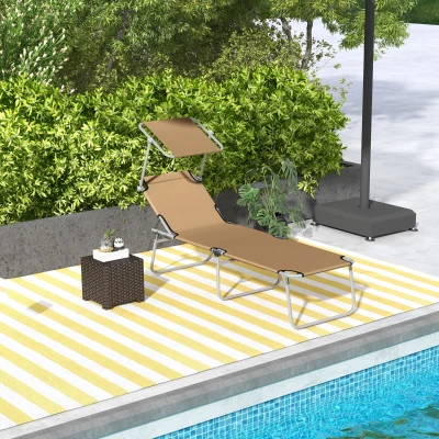 Outsunny Folding Outdoor Chaise Lounge Chair with Sun Shade, Tan