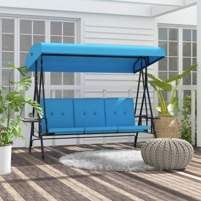 Outsunny 3-Seat Outdoor Porch Swing Patio Swing with Adjustable Canopy, Side Tray, Removable Cushion for Garden, Poolside, Blue
