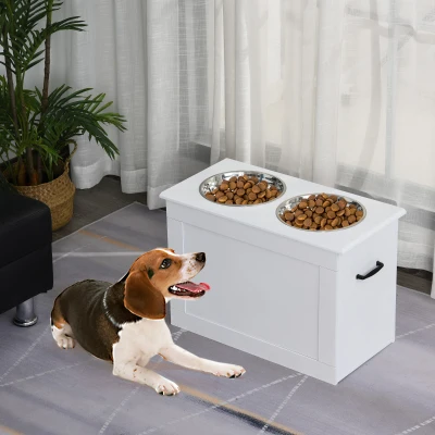 PawHut Raised Pet Feeding Station with 2 Bowls, White