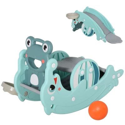 Qaba 3-in-1 Kids Slide And Rocking Horse Dual-Use Children Activity Equipment Portable Slide Indoor Outdoor Playground Toy W/ Basketball Hoop Toddler Birthday Gift, Age 1.5-3, Green