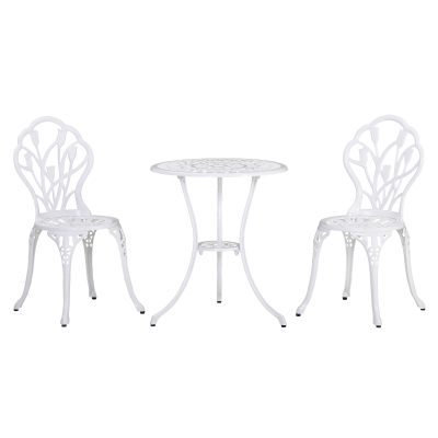 Outsunny 3 Pieces Patio Bistro Set, Outdoor Cast Aluminum Garden Table and Chairs with Umbrella Hole for Balcony, White