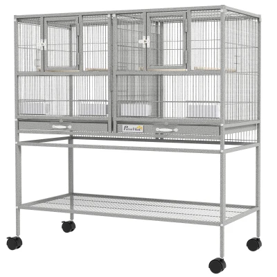 PawHut Large Double Rolling Metal Bird Cage Bird House w/ Removable Tray Storage Shelf