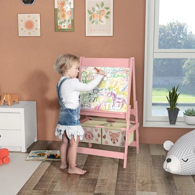 Qaba Kids Art Easel with Paper Roll, Storage, Pink