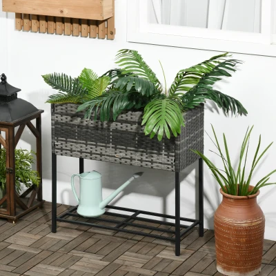 Outsunny Elevated Planter Box, Rattan Look, Portable Garden Bed, Gray