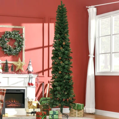 HOMCOM 9.5ft Slim Pencil Christmas Tree with Pine Cones, Green
