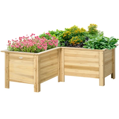 Outsunny Raised Garden Bed, Wooden Elevated Planter Box Outdoor with Legs, for Vegetables, Flowers, Herbs, L-shaped, Natural