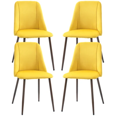 HOMCOM Upholstered Dining Chairs Set of 4, Velvet Accent Chair with Back and Wood-grain Steel Leg for Kitchen, Yellow