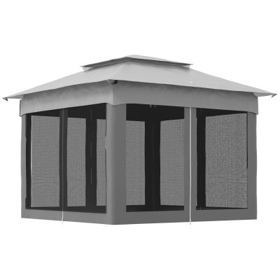 Outsunny 11' x 11' Pop Up Canopy 2-Tier Soft Top Shelter Event Tent w/ Netting Carry Bag for Patio Backyard Garden, Light Grey