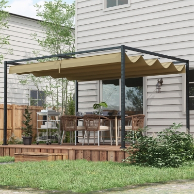 Outsunny 13' x 10' Patio Pergola with Retractable Canopy, Outdoor Sun Shelter, Yard Shade, Khaki