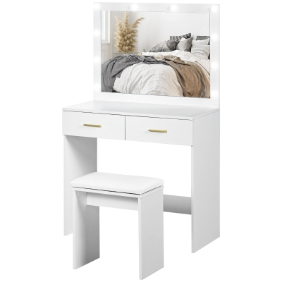 HOMCOM Makeup Vanity Desk Set with Stool, Dressing Table with LED Lighting Mirror, Drawers, for Bedroom, White