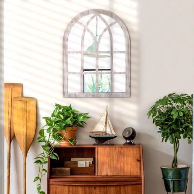 HOMCOM 41" Rustic Arch Window Wall Mirror for Living Room, Natural