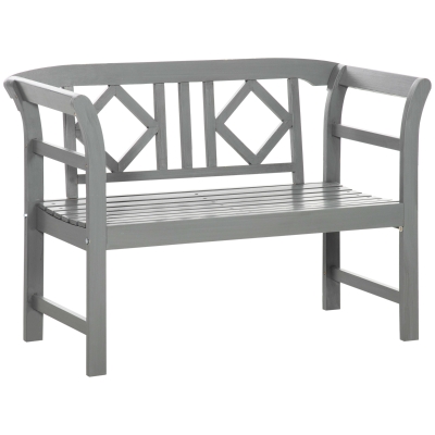 Outsunny Outdoor Wooden Bench, Patio Loveseat Chair with Stylish Pattern Backrest and Armrests for Yard, Lawn, Porch, Dark Gray