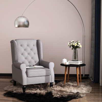 HOMCOM Fabric Accent Chair, Button Tufted Armchair, Upholstered Modern Living Room Chair, Wingback Chair with Wood Legs, Rolled Arms, Thick Padding for Bedroom, Grey