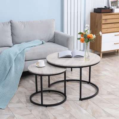 HOMCOM Round Nesting Coffee Tables Set of 2, Metal Frame, Grey