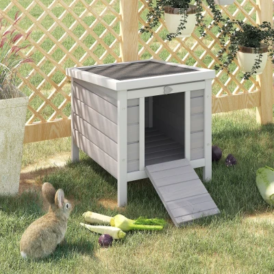 PawHut Small Wooden Rabbit Hutch, Gray with Openable Roof