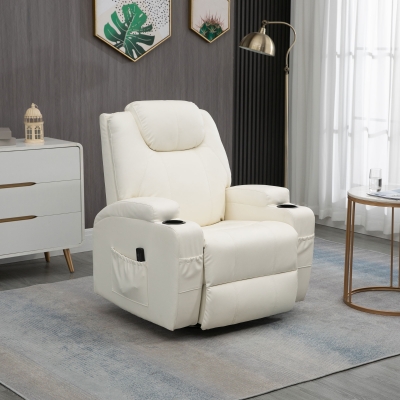 HOMCOM Massage Recliner Chair, Swivel Nursery Rocker Chair, Manual Reclining Sofa with 8 Vibration Points, PU Leather, Cup Holders, Side Pockets, for Living Room, Cream White