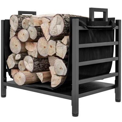 Outsunny Outdoor Firewood Rack with Log Carrier, Heavy Duty Steel Wood Log Storage Stacker for Fireplace, Black