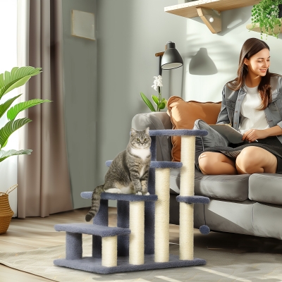 PawHut 4 Step Cat Tree Stairs with Cat Scratching Post, Jumping Platform, Toy Ball, Grey