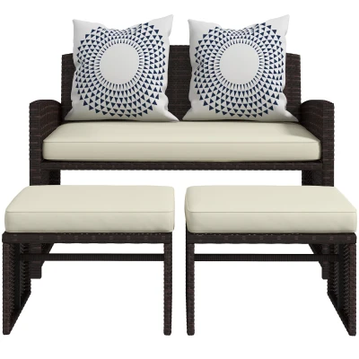 Outsunny 3 Pieces PE Rattan Patio Furniture with Cushions, Outdoor Wicker Conversation Sofa Sets w/ Footstools and Two Pillows, for Poolside, Backyard, Garden, Beige