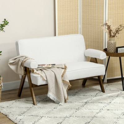 HOMCOM Boucle Fabric 2 Seater Sofa, Small Sofa Loveseat with Thick Padding and Wood Legs, Cream White