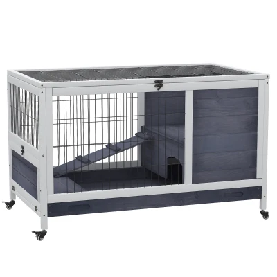 PawHut Wooden Indoor Rabbit Hutch Elevated Cage Habitat with Enclosed Run with Wheels, Ideal for Rabbits and Guinea Pigs, White