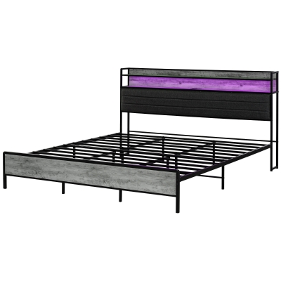 HOMCOM King Bed Frame with Storage, LED Lights, Cement Gray
