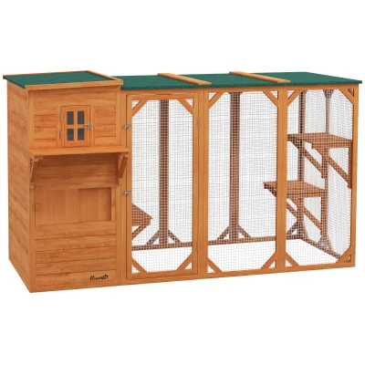PawHut Wooden Cat Catio, 76"L Walk in Outdoor Cat House with Asphalt Roof, Platforms, Lockable Doors for 2-3 Cats, Orange
