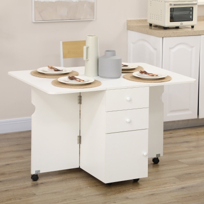 HOMCOM Extendable Dining Table, Drop Leaf Table with 2 Drawers, Cabinet and 6 Wheels for Small Spaces, Kitchen, White