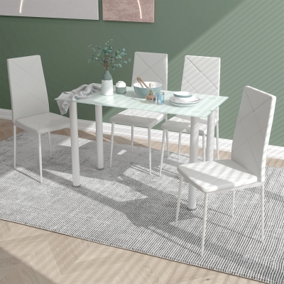 HOMCOM Modern Dining Table Set for 4, Space-Saving 5 Pieces Kitchen Table Set with Rectangle Table and Steel Frame, White