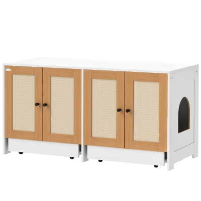 PawHut Cat Litter Box Enclosure w/ 2 Cabinets, Scratching Mats, Pull-Out Trays, Hidden Litter Box for 2 Cats, White