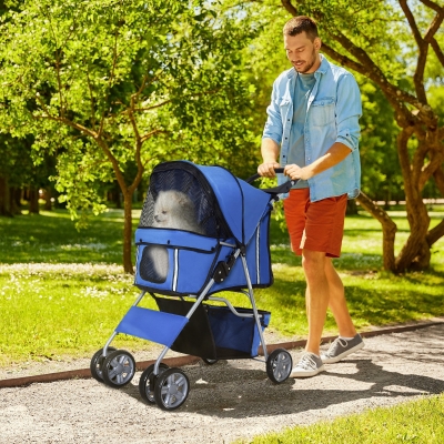 PawHut 4 Wheel Pet Stroller for Small Dogs Cats, Dog Stroller with Folding Sunshade Canopy, Pet Carrier Folding Sunshade Canopy with Brake, Safety Leash, Cup Holder, Blue