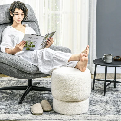 HOMCOM Round Upholstered Ottoman, Teddy Fleece Foot Stool, White