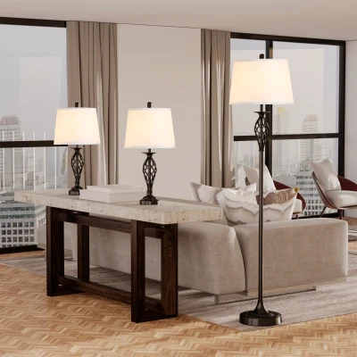 HOMCOM 3-Piece Table Lamp Set, Metal & Fabric, Black/White